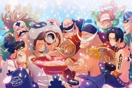 HD wallpaper featuring characters from One Piece, including Whitebeard, Ace, Marco, Izo, Thatch, Rakuyo, Haruta, Curiel, and Fossa, in a joyful scene celebrating together with drinks and laughter.