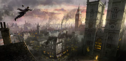 HD desktop wallpaper and background depicting a dramatic cityscape from the video game Assassin's Creed: Syndicate, featuring a character leaping over rooftops with Big Ben and Victorian-era buildings in the distance.