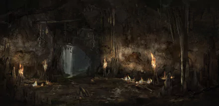 A dark, atmospheric scene from Far Cry Primal, featuring a cave entrance illuminated by flickering torches, creating a sense of mystery and adventure. HD desktop wallpaper.