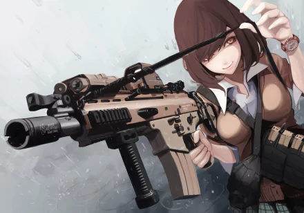 An anime character confidently handles a rifle, set against a dynamic background. This HD artwork serves as a striking PC desktop wallpaper and background.