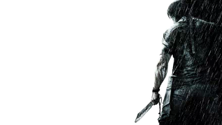 HD desktop wallpaper of the movie Rambo featuring the back of a muscular figure holding a large knife, with rain dramatically falling. The white background emphasizes the intense and gritty atmosphere.