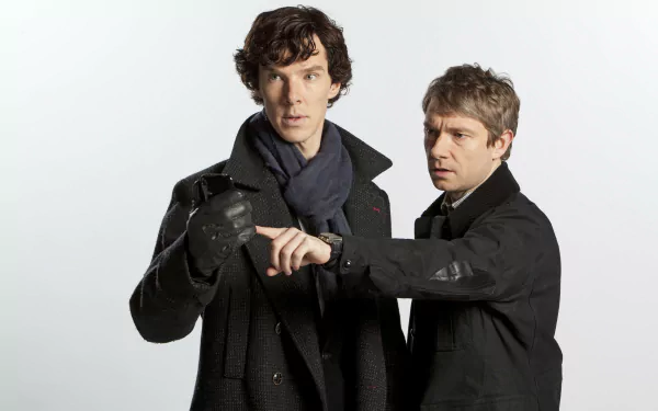 Benedict Cumberbatch as Sherlock Holmes and Martin Freeman as Watson pose dramatically in this 4K Ultra HD background from the iconic TV series Sherlock.
