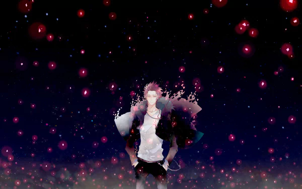 HD wallpaper featuring Mikoto Suoh from the anime K Project, set against a vibrant background of swirling colors and glowing orbs, creating a dynamic and captivating scene.