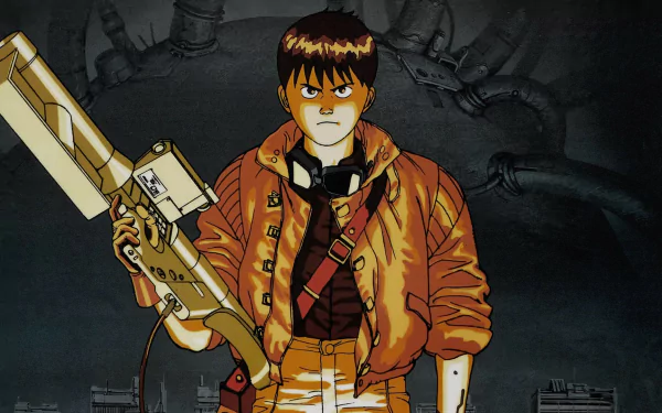 HD anime desktop wallpaper featuring Shotaro Kaneda from Akira, holding a large futuristic weapon with a dark, industrial background.