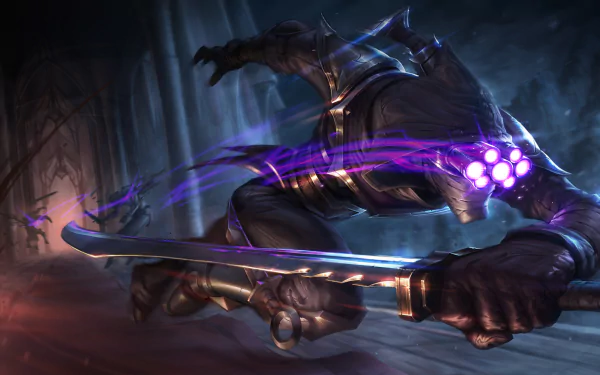 HD desktop wallpaper featuring Master Yi from League of Legends in an action pose with his sword, set against a dark, mystical background.