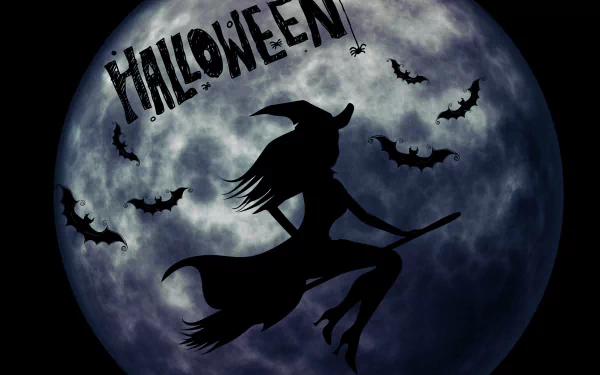 A Halloween-themed HD desktop wallpaper featuring a witch on a broomstick silhouetted against a full moon, with bats flying around and Halloween written in spooky font.