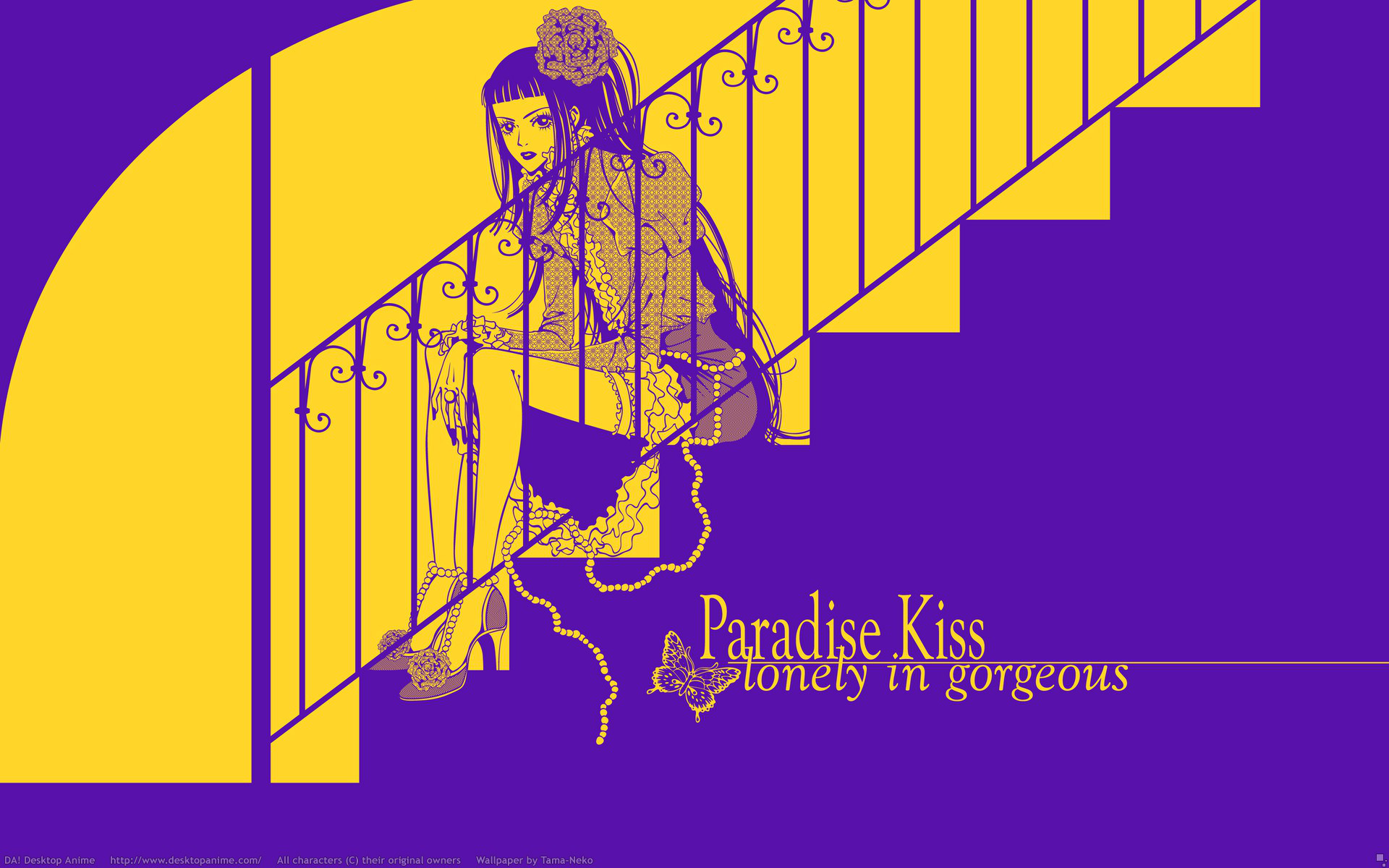 Anime Paradise Kiss HD PC desktop wallpaper: purple-and-yellow graphic of a stylish girl perched on a staircase railing with ornate linework and the series logo text.