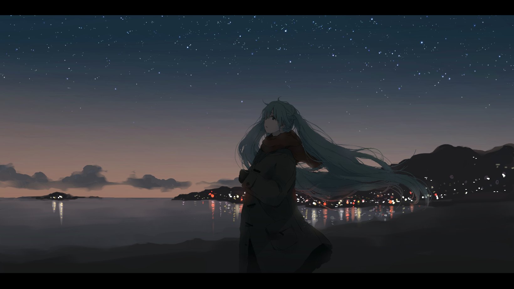 HD PC desktop wallpaper featuring Hatsune Miku, the iconic Vocaloid anime character, standing by a tranquil waterfront under a starry night sky.