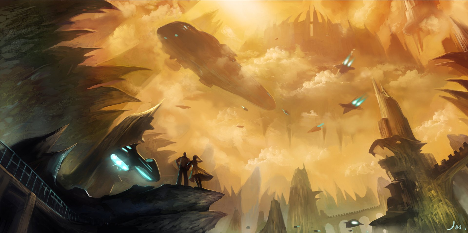 A sci-fi HD PC desktop wallpaper featuring a dramatic spaceship scene with glowing blue thrusters and figures overlooking a futuristic, cloud-filled landscape.