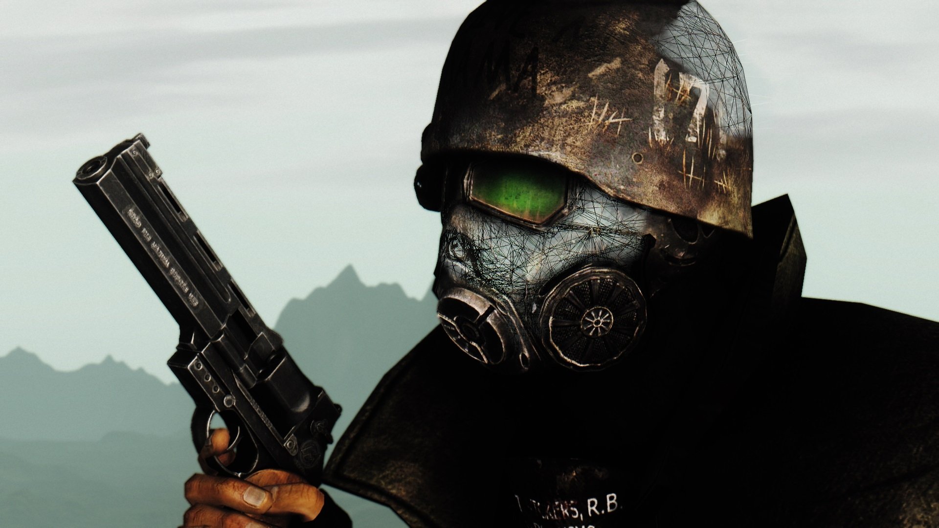 HD Fallout: New Vegas PC desktop wallpaper featuring a character in a helmet and gas mask holding a pistol against a muted landscape background.