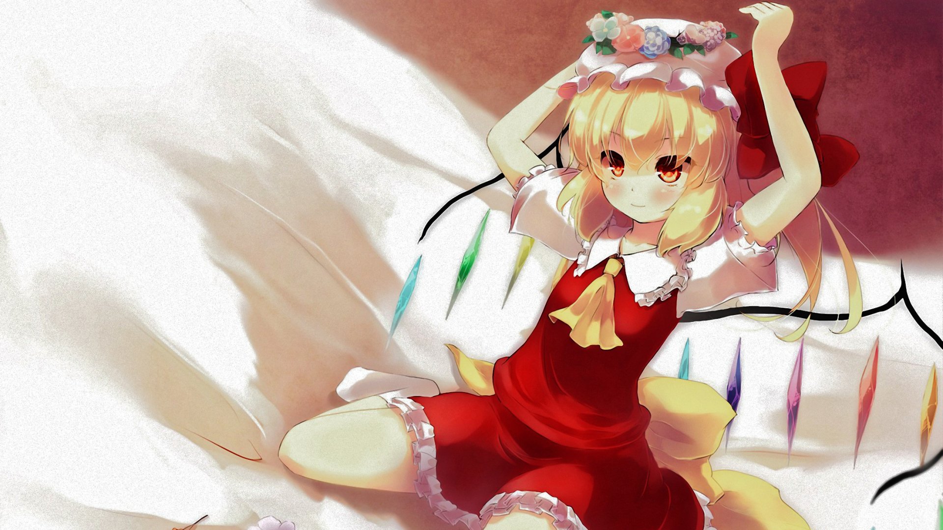 Flandre Scarlet from the Touhou series, depicted in a vibrant anime style, sits playfully on a soft surface, showcasing her iconic red dress and cheerful expression in this HD fantasy wallpaper.