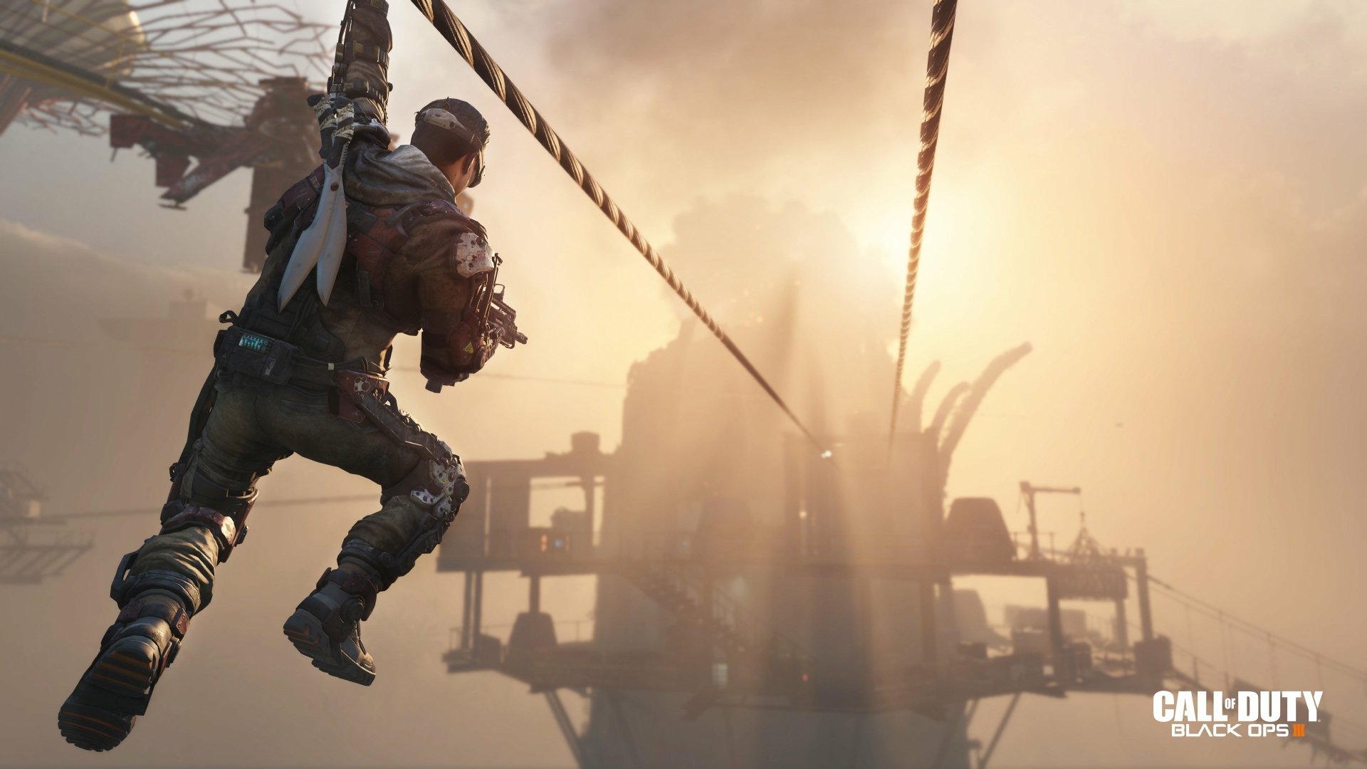 HD desktop wallpaper of Call Of Duty: Black Ops III featuring a soldier zip-lining towards a structure with the sun setting in the background.