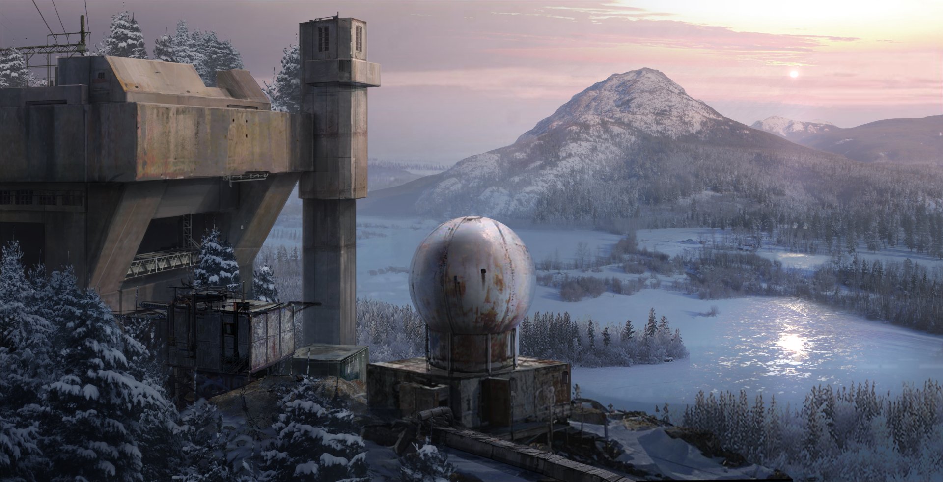 4K Ultra HD PC desktop wallpaper from the video game Rise of the Tomb Raider, featuring a snowy mountain landscape with industrial structures in the foreground.