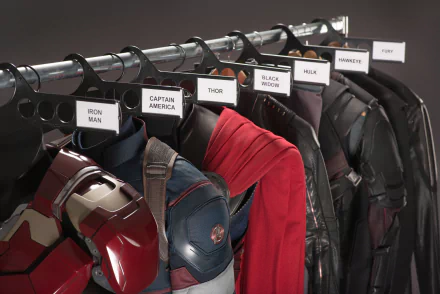 A high-definition desktop wallpaper showcasing costumes from the movie Avengers: Age of Ultron, featuring outfits of Iron Man, Captain America, Thor, Black Widow, Hulk, and Hawkeye hanging on a rack.