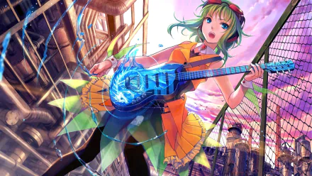 HD PC desktop wallpaper featuring GUMI from Vocaloid, depicted in vibrant anime style playing an electric guitar against an industrial sunset backdrop.
