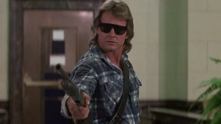 HD PC desktop wallpaper and background: sunglasses-clad man in a flannel shirt aims a shotgun in a tense movie still.