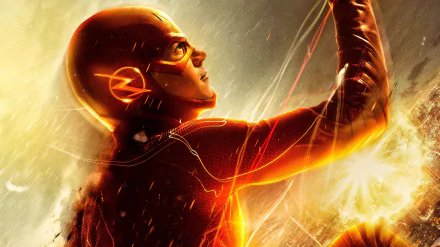 HD desktop wallpaper featuring Grant Gustin as Barry Allen, The Flash, from the TV show The Flash (2014), showcasing the superhero in his iconic red suit amidst dynamic lightning effects.