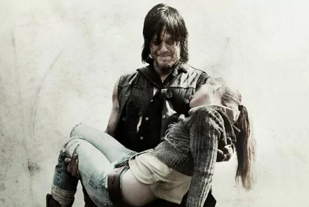 HD wallpaper featuring characters Daryl Dixon and Beth Greene from The Walking Dead TV show, portrayed by actors Norman Reedus and Emily Kinney, with Daryl carrying Beth.