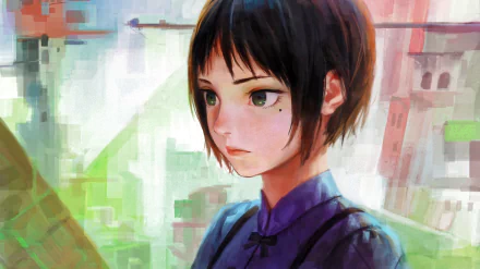 A detailed anime girl with short dark hair and a contemplative expression, set against a softly blurred background, rendered as a vibrant fantasy HD PC desktop wallpaper.