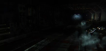 Dark, atmospheric ship corridor from the video game Alien: Isolation — HD PC desktop wallpaper and background with drifting smoke, dim emergency lights, and looming shadows.