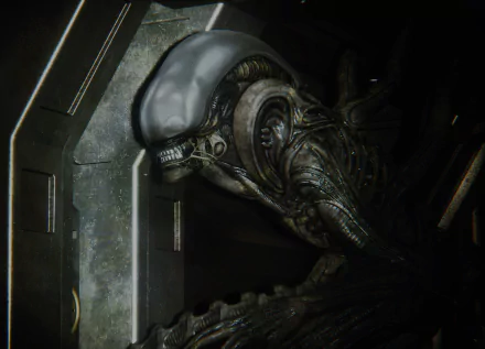 HD PC desktop wallpaper for the video game Alien: Isolation: close-up of a xenomorph in a dark ship corridor, glossy elongated skull and biomechanical ridged body in shadow.