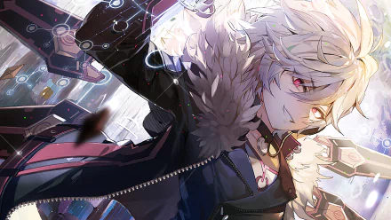 A HD desktop wallpaper featuring Add from the video game Elsword. The character is depicted with striking white hair and red eyes, wearing a dark outfit against a futuristic, tech-themed background.