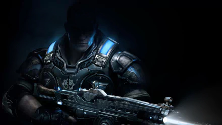 4K Ultra HD desktop wallpaper featuring a heavily armored soldier from Gears of War 4 aiming a detailed gun in a dark, intense video game scene.