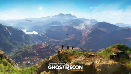 HD wallpaper of Tom Clancy’s Ghost Recon Wildlands showcasing a team of soldiers overlooking a vast, mountainous landscape with helicopters flying in the distance.