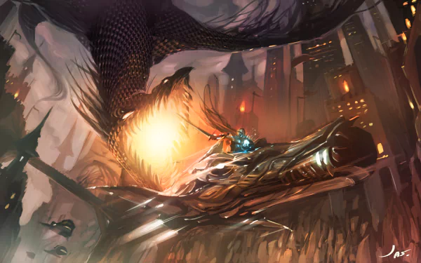 A futuristic sci-fi cityscape in 8K Ultra HD with a knight confronting a glowing dragon, blending fantasy and advanced technology in a dramatic, dynamic scene.