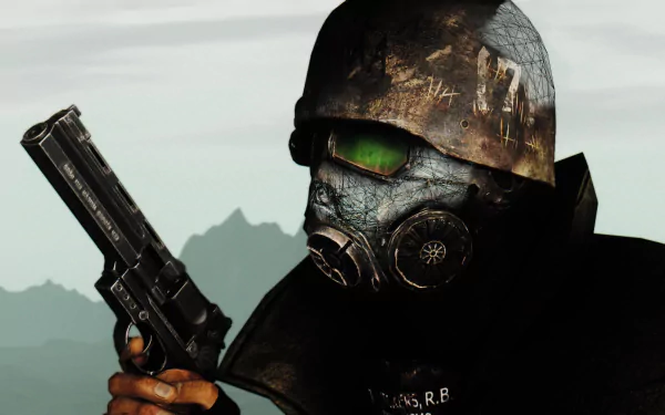 HD Fallout: New Vegas PC desktop wallpaper featuring a character in a helmet and gas mask holding a pistol against a muted landscape background.