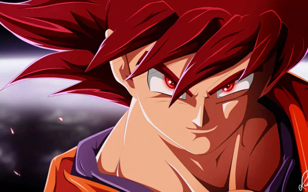 HD desktop wallpaper featuring Goku from Dragon Ball Super with intense, vibrant colors and dynamic expression, set against a cosmic background, tagged with Anime.
