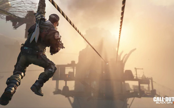 HD desktop wallpaper of Call Of Duty: Black Ops III featuring a soldier zip-lining towards a structure with the sun setting in the background.