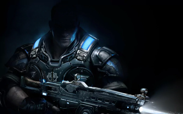 4K Ultra HD desktop wallpaper featuring a heavily armored soldier from Gears of War 4 aiming a detailed gun in a dark, intense video game scene.
