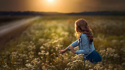A woman in a denim jacket strolls through a sunlit meadow, exuding a serene mood. The HD desktop wallpaper captures the tranquil beauty of nature.