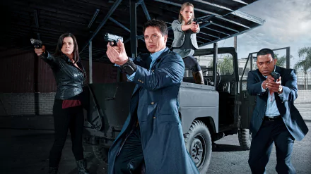 Torchwood TV show 5K Ultra HD PC desktop wallpaper: four agents aim handguns around a vintage jeep inside a dim industrial garage, tense action stance and dramatic lighting.