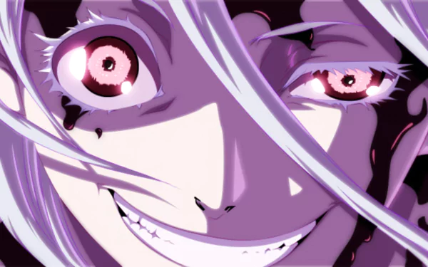 Close-up of Shiro from the anime Deadman Wonderland, featuring her bright red eyes and signature mischievous smile, set against a vividly colorful background. HD desktop wallpaper.