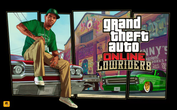 Lamar Davis poses in front of custom cars in this HD wallpaper from Grand Theft Auto Online: Lowriders, showcasing the vibrant style and culture of Los Santos.
