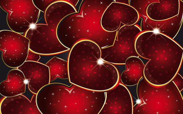 Vibrant red hearts glimmer against a dark backdrop, creating an artistic display of love, capturing the essence of Valentine's Day in a striking HD desktop wallpaper.