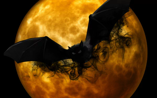 Spooky Halloween HD desktop wallpaper featuring a dark bat flying in front of an orange full moon, set against a black background.