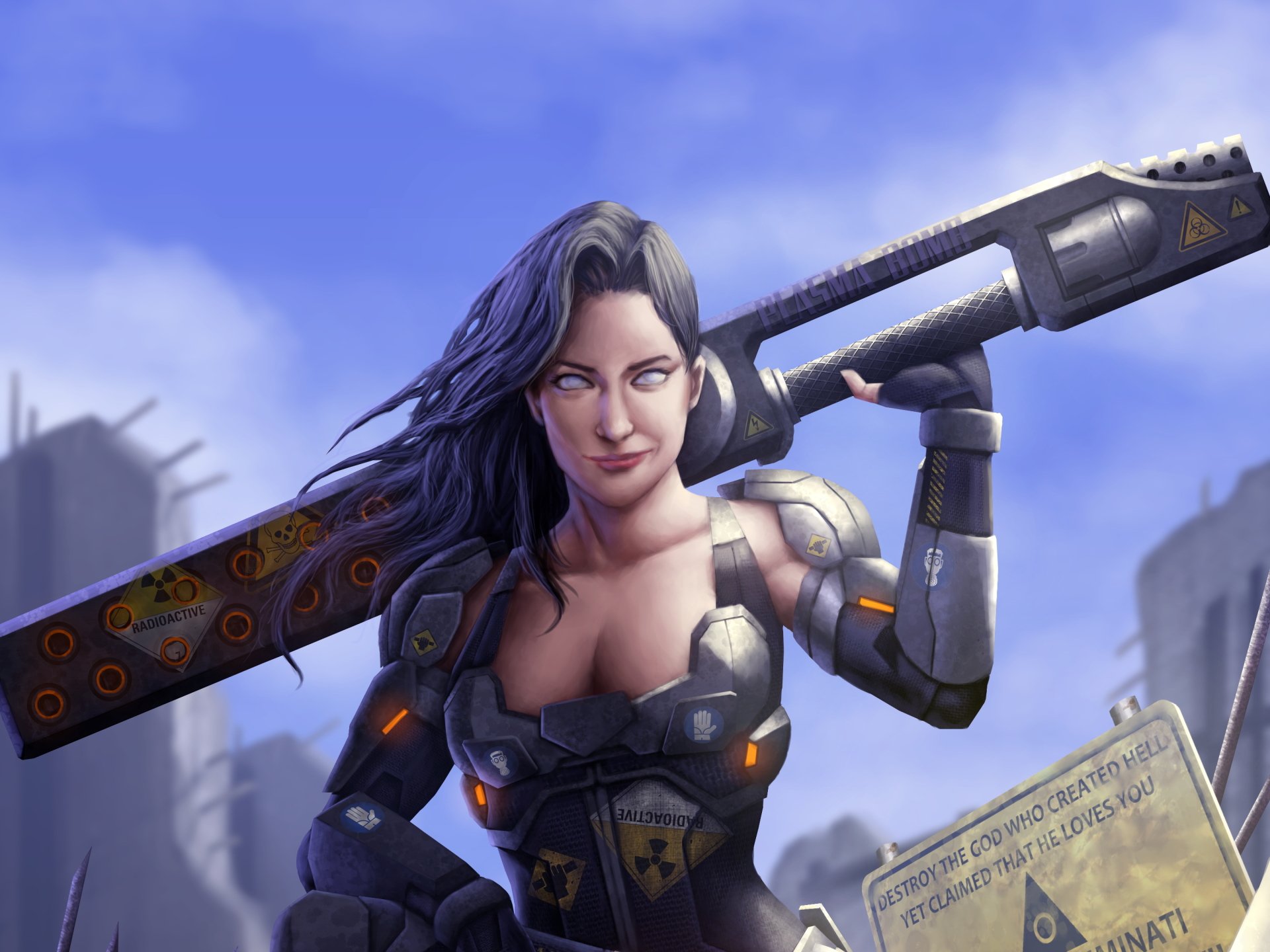 2K Quad HD PC desktop wallpaper/background: fantasy woman warrior in futuristic armor holding a massive sword over her shoulder against a ruined city skyline.