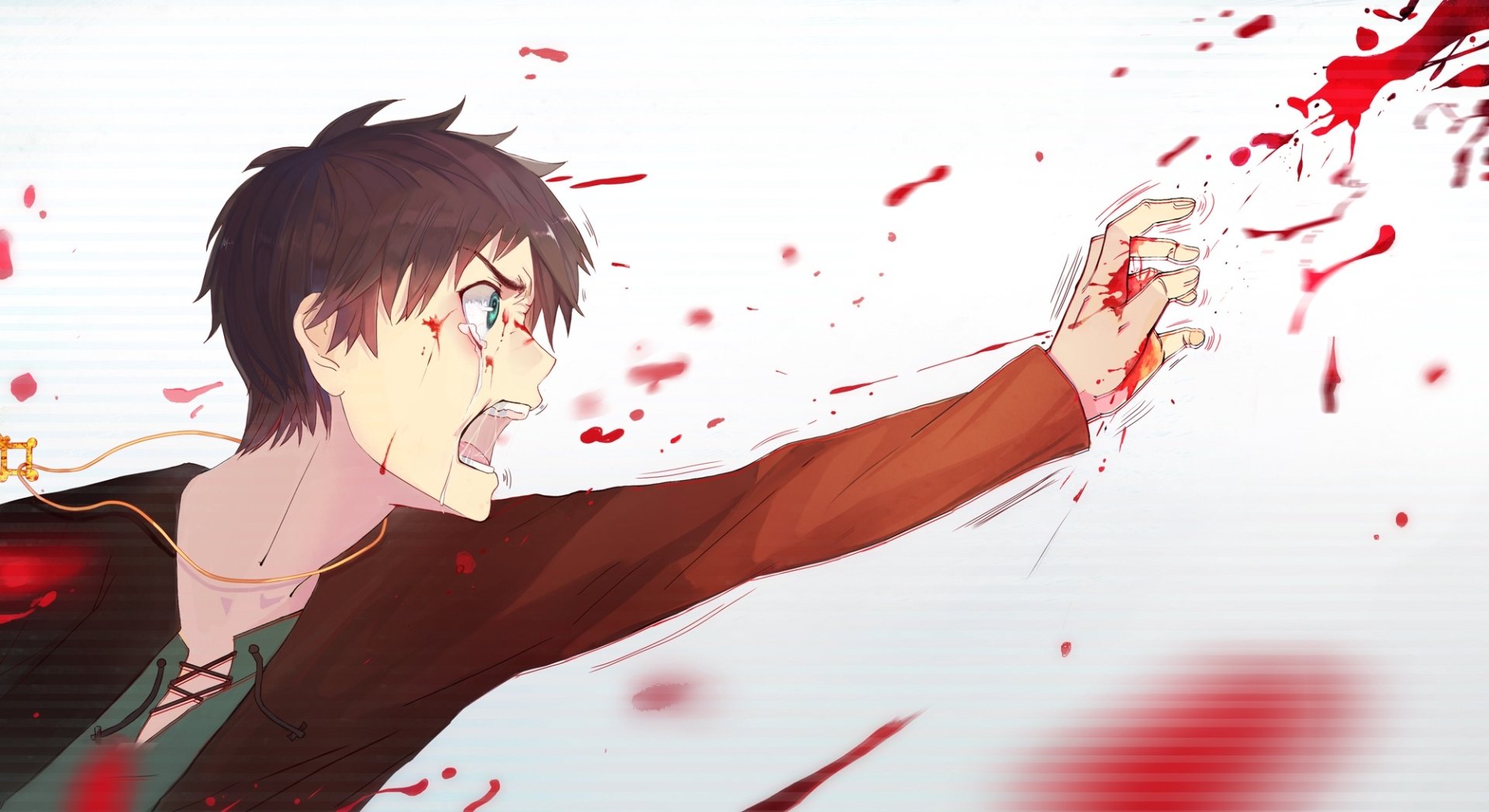 Eren Yeager from Attack on Titan passionately reaches out, surrounded by splashes of blood, in this striking HD desktop wallpaper.