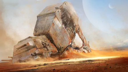 HD Star Wars desktop wallpaper featuring a battle-worn AT-AT Walker in a desert planet setting, evoking a dramatic sci-fi atmosphere.