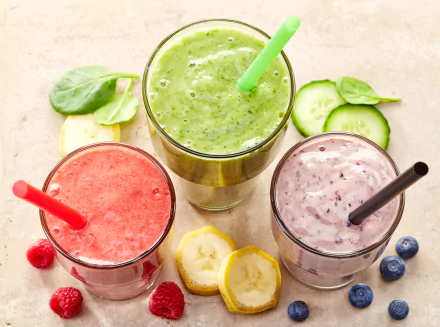 A vibrant 4K Ultra HD wallpaper featuring three delicious smoothies in glasses, showcasing flavors of banana, berry, and fresh greens, surrounded by colorful fruit and leaves.