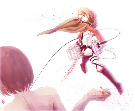 HD PC desktop wallpaper of Petra Ral (Attack on Titan) — anime-style action shot: Petra midair with ODM gear, streaks of blood and a pale white background.