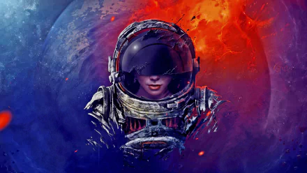 HD desktop wallpaper featuring a sci-fi scene with an astronaut against a vibrant backdrop of blue and red, suggesting the edge of a planet or cosmic scene.