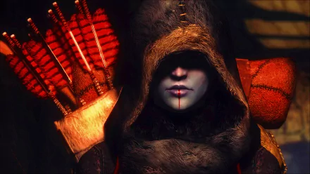 HD wallpaper from The Elder Scrolls V: Skyrim featuring a cloaked warrior with a quiver of arrows, wearing a stitched hood, and face paint.