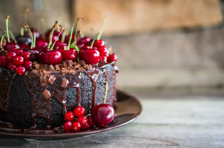 A decadent chocolate cake topped with fresh cherries and drizzled with chocolate, set against a rustic background, makes an enticing HD wallpaper for dessert lovers.