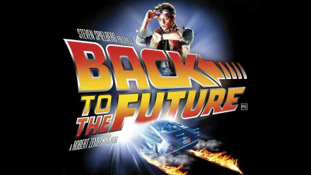 HD wallpaper featuring the iconic logo and imagery from the movie Back to the Future, showcasing the time-traveling DeLorean and nostalgic elements.