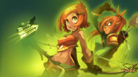 HD PC desktop wallpaper/background for the Dofus video game: two stylized red-haired characters in a glowing green fantasy scene, a smiling archer in the foreground and an armored figure behind.