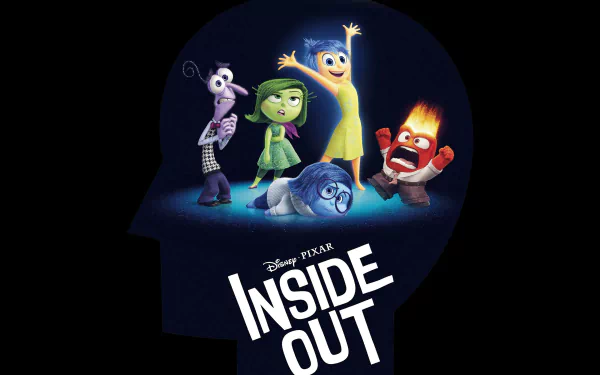 Inside Out movie 2K Quad HD PC wallpaper: Joy, Sadness, Disgust, Fear and Anger posed inside a silhouetted head with the film logo.